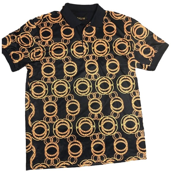Pavini Other - Pavini Polo Shirt Mens Size L-XL Black Gold Rings Circles Graphic Print